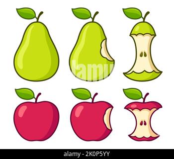 Green pear and red pear eating. Whole fruit, bite missing and leftover core. Simple isolated vector illustration set. Stock Vector