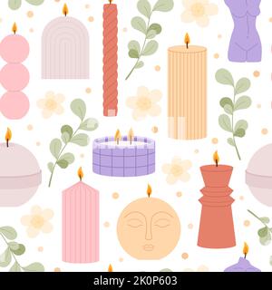 Doodle wax candle seamless pattern. Spa meditation relax background. Yoga or aromatherapy candles, wick fire home decoration racy vector print Stock Vector