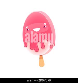 Cartoon ice cream dessert character, kawaii strawberry popsicle with pink dripping glaze. Isolated vector smiling popstick oval dessert bar. Funny icecream personage, refreshment snack on wooden stick Stock Vector