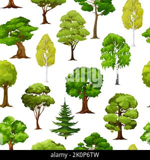 Cartoon forest and garden green trees, seamless pattern background, vector. Park nature landscape with pine and fir trees wood, leaves of birch, maple and oak, summer woodlands plants pattern Stock Vector