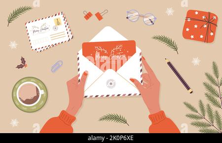 Female hands holding envelope. Woman making handmade greeting card. Sending or receiving Christmas postcard or invitation. Top view. Vector Stock Vector