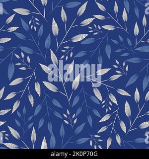 Vector artistic ornamental leaves twigs branches on blue elegant retro seamless pattern background Stock Vector