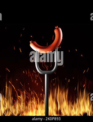 Grill or barbecue cookout concept. Bangers sausage on fork over the fire on black background Stock Photo