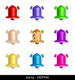 Set of colored bells with shadow, front view. 3D vector illustration. Stock Vector