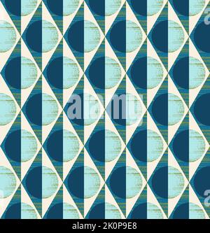 Geometric seamless pattern of rhombuses, triangles and circles in bluegreen, yellowgreen, cream and light blue. Design for wallpaper, wrapping products, textiles, fabrics. Stock Vector