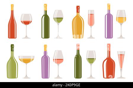 Wineglass and bottle set. Wine or champagne bottles and glasses liquor alcohol beverages, various shapes. Winemaking alcohol bar, advertisement spirits design for cafe, restaurant vector illustration Stock Vector