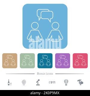 Two talking persons with rounded square bubbles outline white flat icons on color rounded square backgrounds. 6 bonus icons included Stock Vector