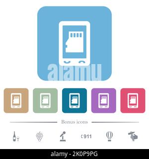 Mobile memory card white flat icons on color rounded square backgrounds. 6 bonus icons included Stock Vector