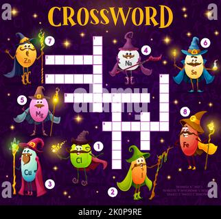 Crossword grid quiz game, cartoon micronutrients wizard and mage characters, vector word riddle worksheet. Kids crossword game with natrium, selenium and zinc magician and sorcerer with magic staff Stock Vector
