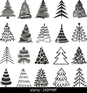 Doodle black christmas tree icons. Xmas rough drawn trees, abstract pencil winter elements. Grunge new year art decor, fir-trees neoteric vector Stock Vector