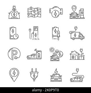 Electric car charge outline icons, vehicle station battery plug, vector eco auto charger signs. Electric cars and hybrid energy automobile charging point, green fuel and EV power cable line pictograms Stock Vector