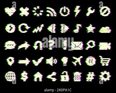 Glitched icons. Web media symbols in grunge style glitched ui pictures fo mobile app design project recent vector template isolated Stock Vector