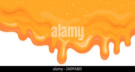 Border of flowing caramel. Melted toffee drop flow stream caremel cream cake top dripping sticky orange syrup stain milkshake caramele splash cartoon background vector illustration Stock Vector