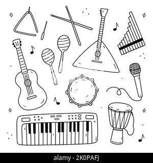 Cute doodle set of musical instruments - triangle, drumsticks, balalaika, pan flute, guitar, maracas, tambourine, microphone, djembe drum, electronic keyboard. Vector hand-drawn illustration. Stock Vector