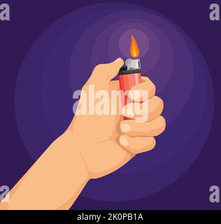 Hand hold lighter. Smoker arm holding lighters for burn fire cigarette or matchstick, pyromaniac man finger light smoke flame using tobacco drug, isolated vector illustration. Lighter flammable burn Stock Vector