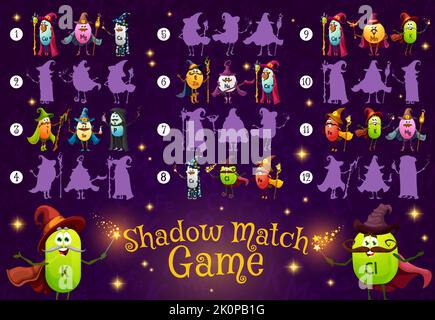 Shadow match game, cartoon micronutrients wizard and mage characters, vector kids puzzle. Find correct shadow or silhouette of calcium, magnesium or iron with magic wand, potassium and zinc sorcerer Stock Vector