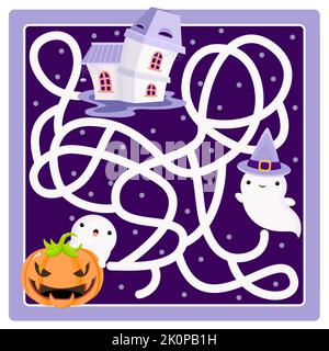 Help two little ghosts find the way to haunted house. Labyrinth for preschool children. Maze game for kids with cartoon ghosts, pumpkins and old house Stock Vector