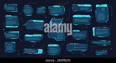 Hud callout boxes. Futuristic space display information layout, digital info frame element for text title, cyber call video screens high tech infographic garish vector illustration of space tech game Stock Vector