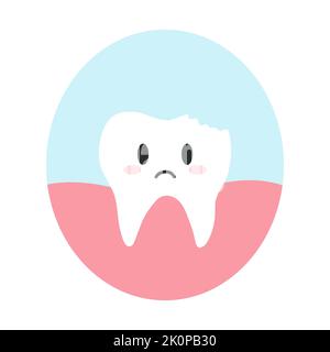 Fractured, chipped tooth in cartoon flat style. Vector illustration of disgruntled unhealthy teeth character, dental care concept, oral hygiene Stock Vector