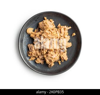 Canned tuna fish on plate isolated on the white background. Stock Photo