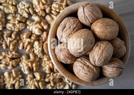 Shelled and peeled walnuts together,closeup Stock Photo
