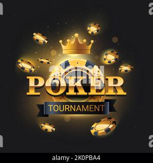 Golden poker tournament logo with flying chips on dark background. Vector illustration. Poker tournament banner with bright lights and poker chips. Stock Vector