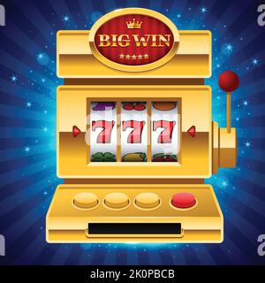 Golden slot machine on blue shiny background with Big Win sign. Win 777 jackpot. Lucky seven, big win, casino vegas game. Jackpot triple seven. Vector Stock Vector