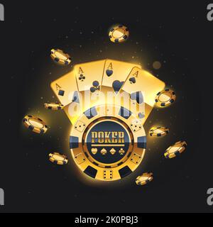 Golden playing cards and gambling chips. Vector illustrations. Four golden aces cards and gambling chips  on black background. Casino banner concept. Stock Vector