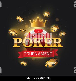 Poker tournament logo with flying chips on dark background. Vector illustration. Poker tournament banner with bright lights and poker chips. Stock Vector