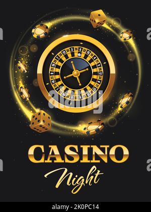 Casino Night flyer illustration with roulette wheel, casino chips and dices. Luxury signboard, poster with realistic casino elements. Vector illustrat Stock Vector