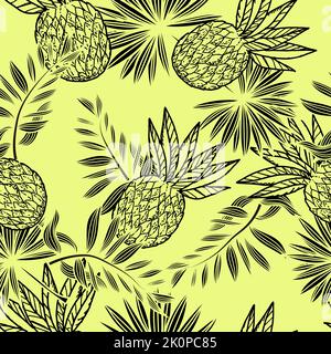Seamless pattern of pineapples and tropical leaves, hand-drawn sketch-style elements. Whole pineapples. Palm leaves. Image of summer fruits Stock Vector