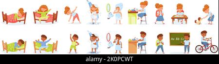 Kids daily routine. Girl and boy having different activities. Children waking up, doing physical exercising, having shower. Characters brushing teeth, Stock Vector