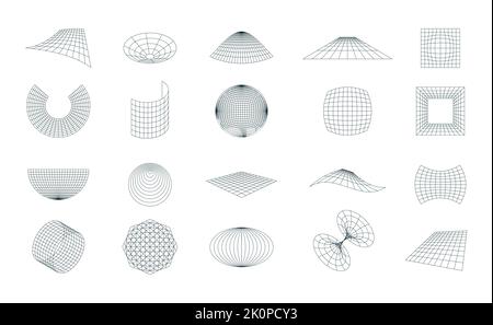 Futuristic grid collection. Geometric wireframe line shapes retro 80s 90s style, cyberpunk distorted retrofuturistic strip design elements. Vector set Stock Vector