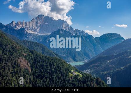 Top view of Civetta Mount and Alleghe lake in the dolomitic scenery, Belluno province, Italy Stock Photo