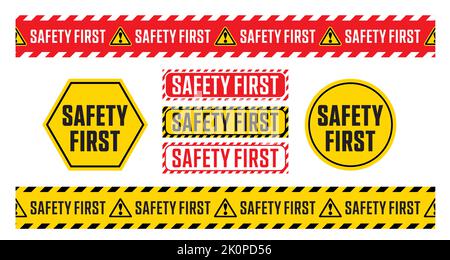 Banner safety first. Seamless tape, danger. Yellow police line. Danger warning. safety first, tape isolated on white background. safety first logo vec Stock Vector