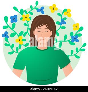 Mental health, happiness, harmony creative abstract concept. Woman with flowers around her head. Vector illustration Stock Vector