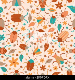 Bugs, leaves and flowers seamless pattern Stock Vector