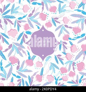 Elegant vector pink blue flowers leaves tropical frame seamless pattern background. Stock Vector