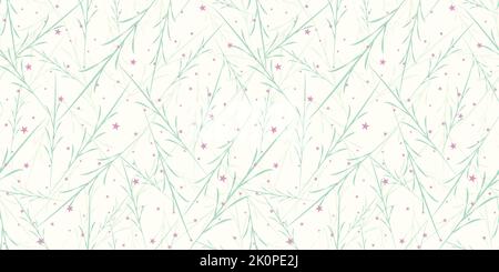 Vector wild green grass herbs pink stars on white artistic seamless pattern with nature elements. Stock Vector