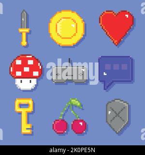 pixel videogame icon set Stock Vector