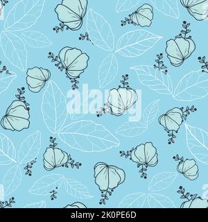 Sky blue vector artistic hand drawn ornamental flowers leaves garden ditsy seamless pattern background. Stock Vector