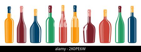 Wine bottle different shapes set. Various types alcohol beverages red, white, sparkling wine champagne liquor. Celebration advertisement blank bottles mockup design for bar, cafe, restaurant vector Stock Vector