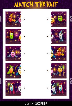 Match half of cartoon micronutrients, wizard and mage characters, vector quiz puzzle. Kids game worksheet to find same part or correct piece of calcium, zinc and potassium micronutrient sorcerers Stock Vector