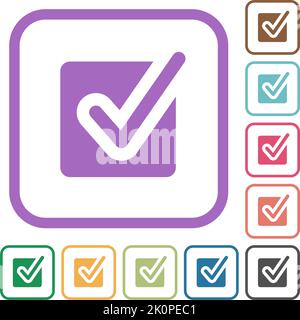 Checked box solid simple icons in color rounded square frames on white background Stock Vector
