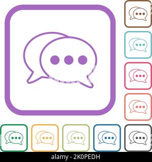 Two oval active chat bubbles outline simple icons in color rounded square frames on white background Stock Vector