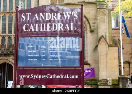 St Andrews cathedral in Sydney city centre has flags at half mast following death of Queen Elizabeth II, Sydney,Australia Stock Photo