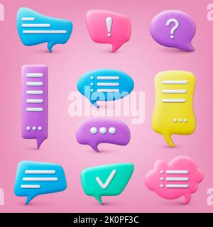 Dialogue bubble 3d set. Speech bubbles, quotes different elements. Bot message in chat balloons, creative text message pithy vector templates Stock Vector