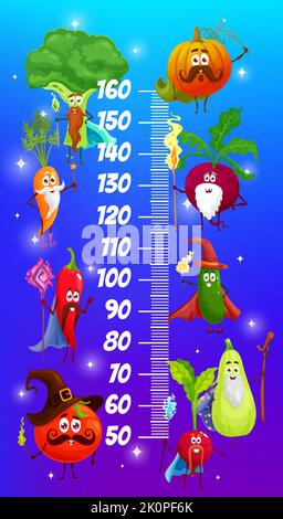 Kids height chart cartoon magicians and wizards vegetables. Vector growth meter with cartoon characters carrot, broccoli, pumpkin, beetroot and chili pepper with cucumber, tomato, radish and squash Stock Vector