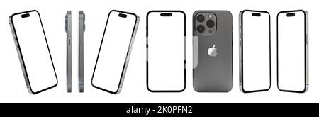Antalya, Turkey - September 12, 2022: Newly released iPhone 14 Pro mockup set with different angles Stock Photo