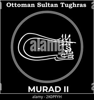 Vector image with Tughra signature of Ottoman Sixth Sultan Murad II, Tughra of Murad II with black background. Stock Vector